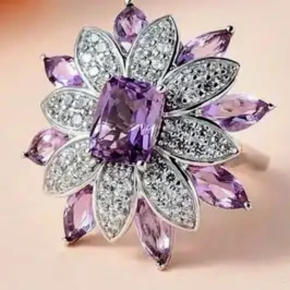 Rose De France and White Zircon Floral Ring Platinum Over Sterling Silver